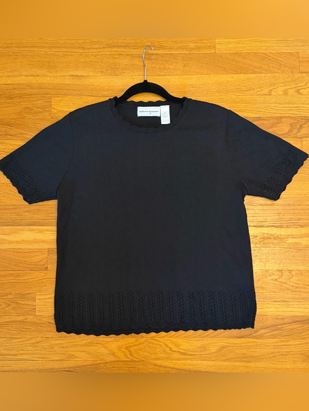 Black Short Sleeve Knit Top with Scalloped Edges